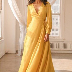 Have Faith Yellow Satin Button Sleeve Wrap Maxi Dress